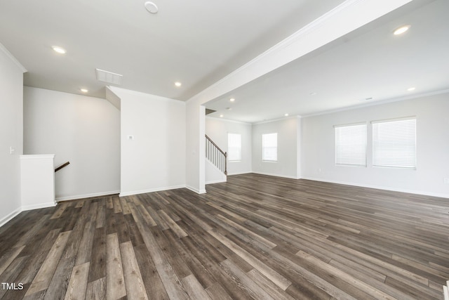3025 Castle Loch Ln, Durham, NC 27703 - unfurnished living room featuring wood finished floors, crown molding, recessed lighting, and baseboards