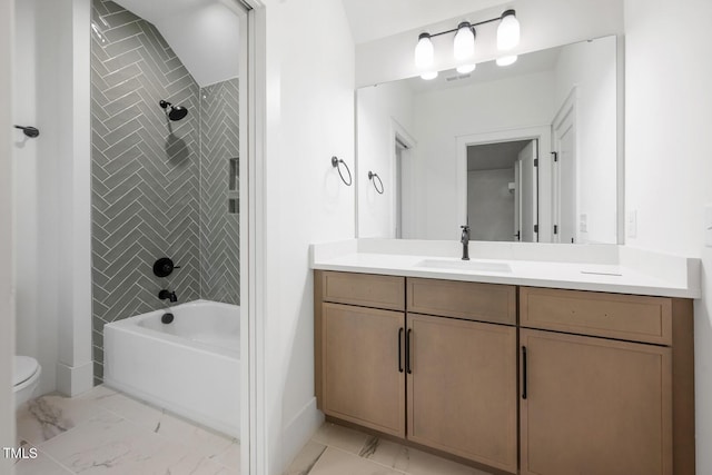 8620 Dukes Lake Rd, Zebulon, NC 27597 - bathroom featuring marble look tiles, vanity, and shower / bath combination