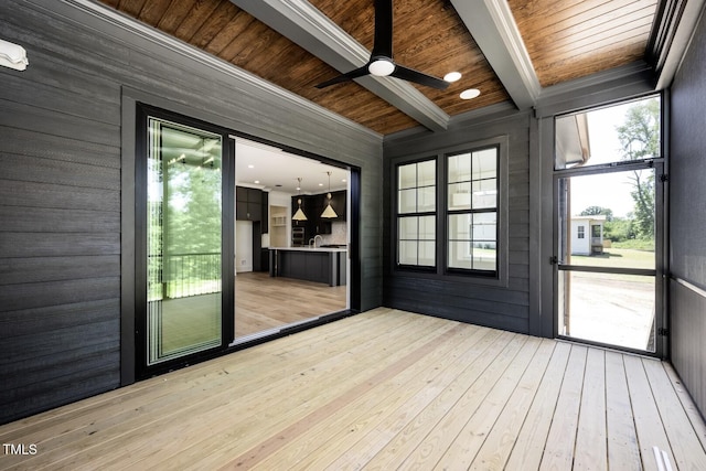 8620 Dukes Lake Rd, Zebulon, NC 27597 - unfurnished sunroom featuring ceiling fan and beam ceiling