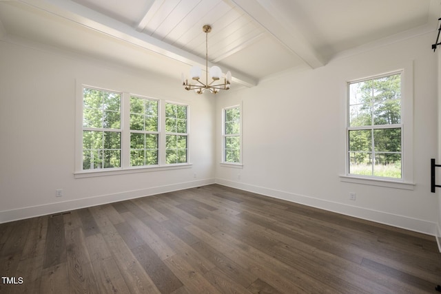 8620 Dukes Lake Rd, Zebulon, NC 27597 - unfurnished room featuring a chandelier, plenty of natural light, dark wood-style floors, and beamed ceiling