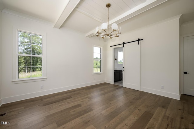 8620 Dukes Lake Rd, Zebulon, NC 27597 - spare room with a chandelier, a barn door, dark wood finished floors, and beamed ceiling