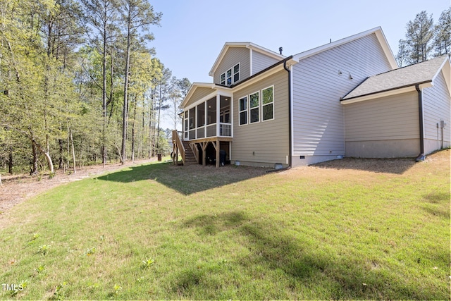 50 Gadwall Ct, Zebulon, NC 27597 - rear view of house with stairway, crawl space, a yard, and a sunroom