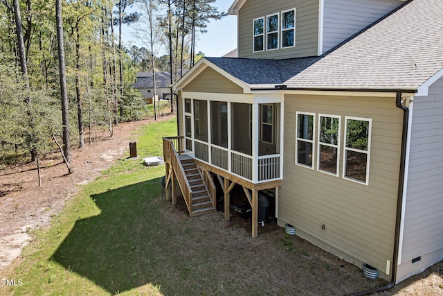 50 Gadwall Ct, Zebulon, NC 27597 - back of property featuring roof with shingles, a sunroom, stairs, crawl space, and a lawn