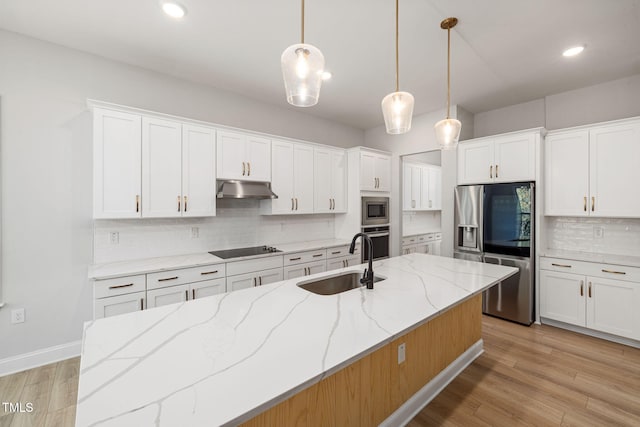 50 Gadwall Ct, Zebulon, NC 27597 - kitchen featuring decorative backsplash, appliances with stainless steel finishes, a sink, white cabinets, and under cabinet range hood