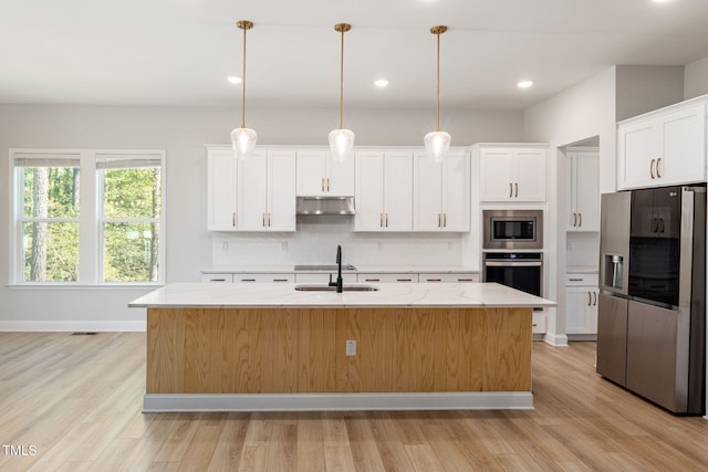 50 Gadwall Ct, Zebulon, NC 27597 - kitchen featuring appliances with stainless steel finishes, decorative backsplash, under cabinet range hood, and light wood-style flooring