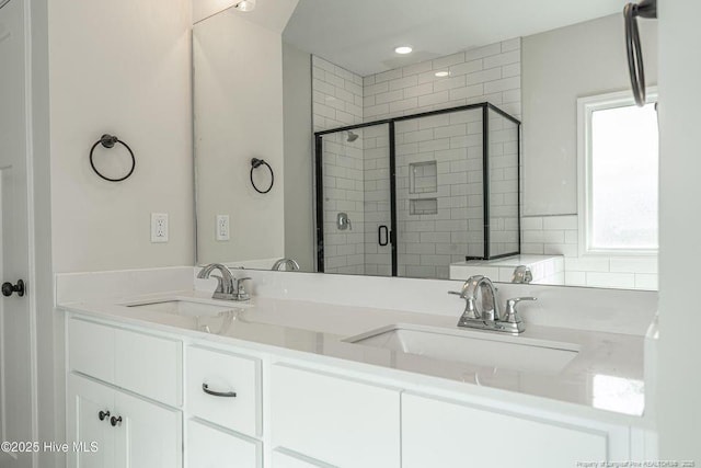 190 Love Grove Church Rd, West End, NC 27376 - bathroom with a stall shower, double vanity, and a sink