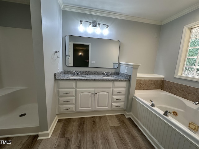 bathroom featuring a bath, wood finished floors, double vanity, and a sink