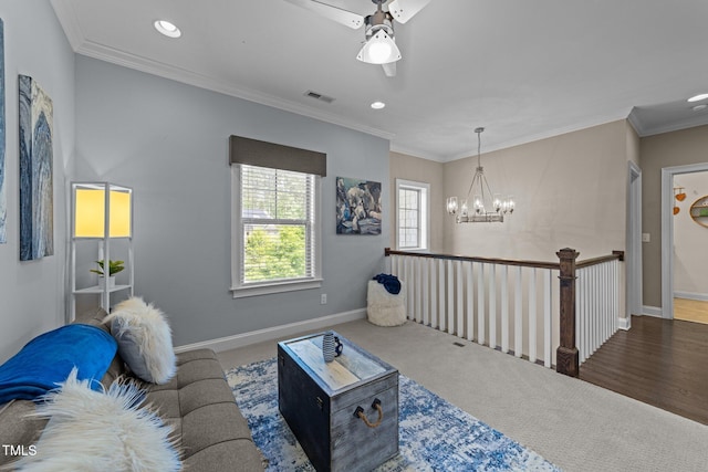carpeted living room featuring baseboards, recessed lighting, and visible vents