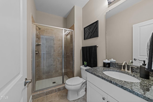 bathroom with vanity, a stall shower, and toilet