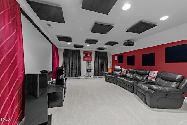 cinema featuring carpet flooring, recessed lighting, and visible vents