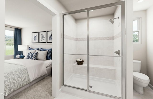 bathroom featuring a shower stall, tile patterned floors, and toilet