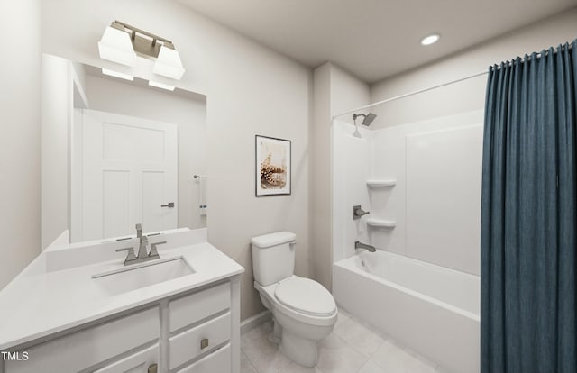 bathroom with shower / tub combo with curtain, toilet, tile patterned flooring, and vanity
