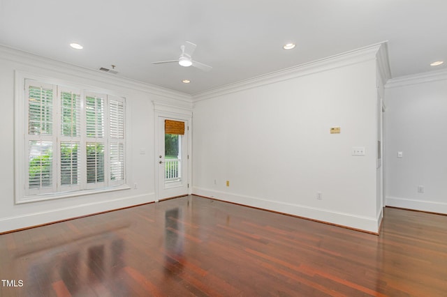 1310 Durlain Dr Unit 107, Raleigh, NC 27614 - empty room with ornamental molding, wood finished floors, baseboards, ceiling fan, and recessed lighting