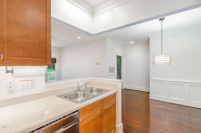 1310 Durlain Dr Unit 107, Raleigh, NC 27614 - kitchen with a sink, dark wood finished floors, dishwasher, crown molding, and light countertops