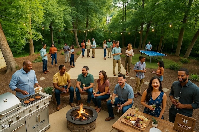 1124 Hardimont Rd, Raleigh, NC 27609 - view of community featuring a trampoline, a fire pit, and a patio