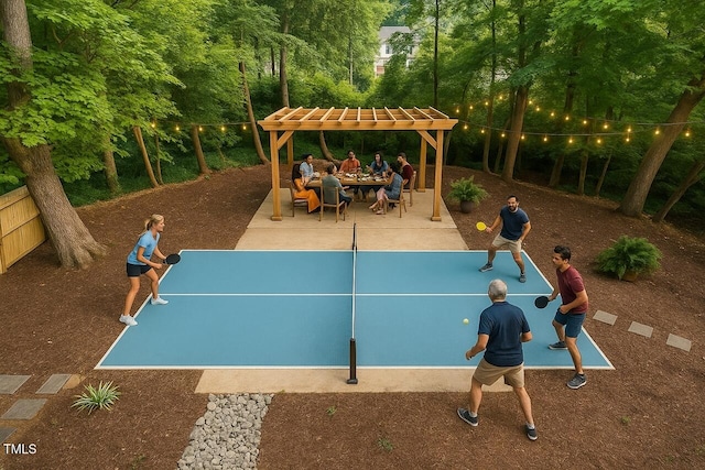 1124 Hardimont Rd, Raleigh, NC 27609 - view of sport court featuring a pergola and a patio