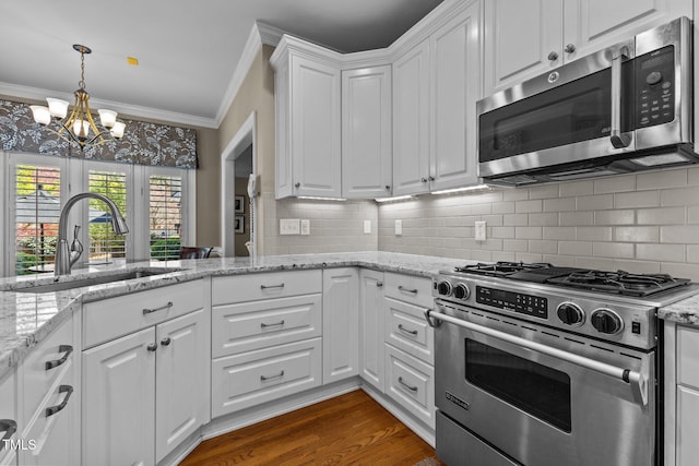 kitchen with dark wood-style flooring, ornamental molding, appliances with stainless steel finishes, a sink, and an inviting chandelier