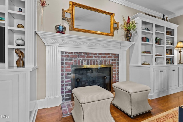 living room featuring a fireplace, ornamental molding, and wood finished floors