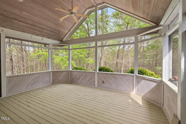 5900 Orchid Valley Rd, Raleigh, NC 27613 - unfurnished sunroom featuring vaulted ceiling, a ceiling fan, and plenty of natural light