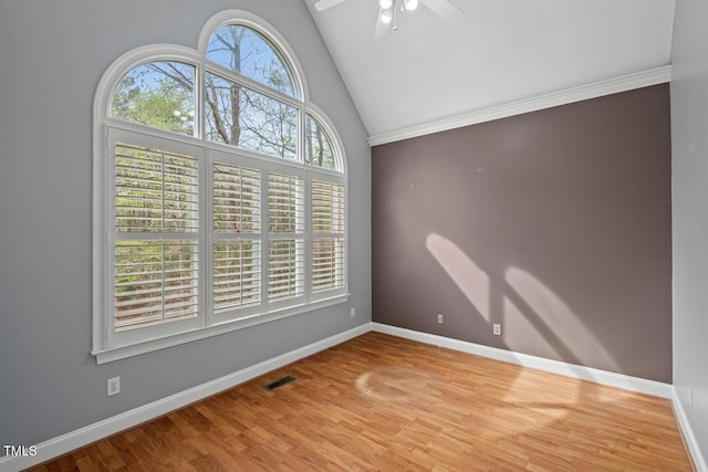 5900 Orchid Valley Rd, Raleigh, NC 27613 - spare room featuring ceiling fan, light wood-style floors, baseboards, and high vaulted ceiling
