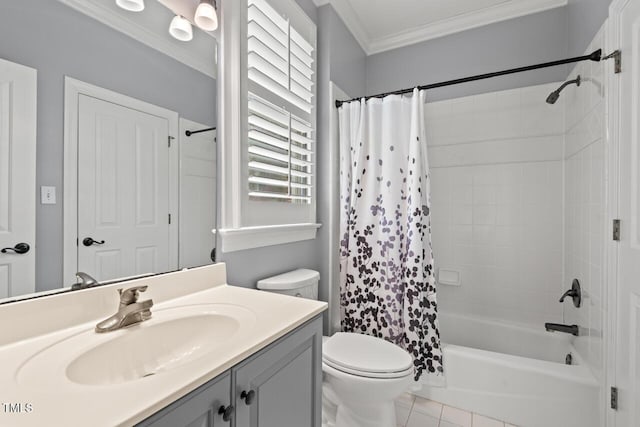 5900 Orchid Valley Rd, Raleigh, NC 27613 - bathroom featuring ornamental molding, vanity, toilet, shower / tub combo, and tile patterned flooring