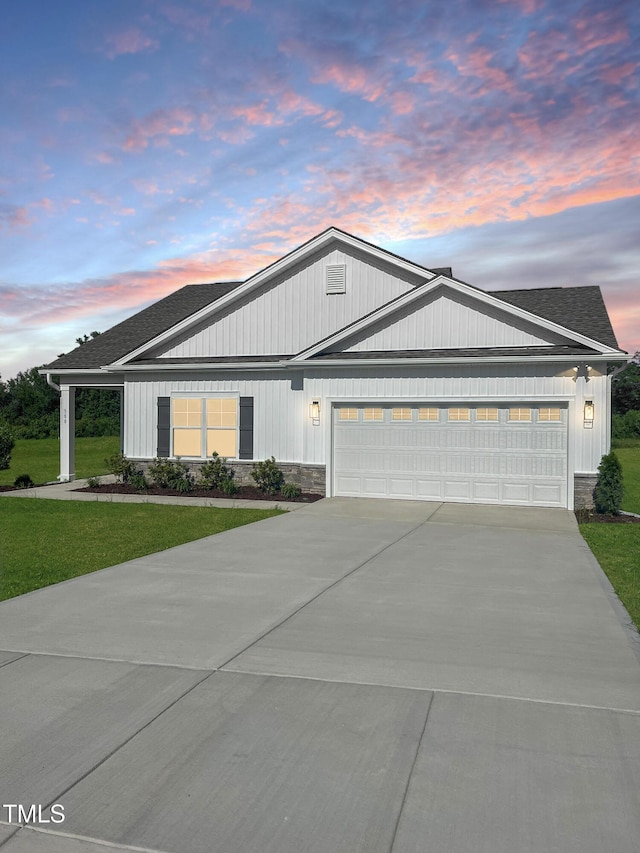 380 Pecan Valley Way, Four Oaks, NC 27524 - view of front of home with driveway, a garage, a yard, and roof with shingles