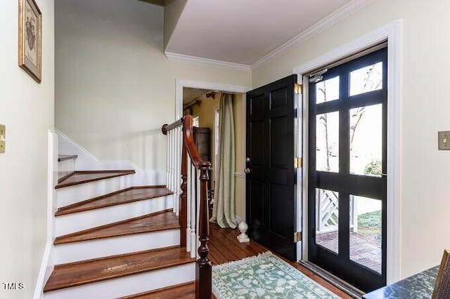3005 Woodgreen Dr, Raleigh, NC 27607 - foyer entrance featuring stairway, wood finished floors, and crown molding