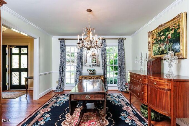 3005 Woodgreen Dr, Raleigh, NC 27607 - office area with a chandelier, wood finished floors, and crown molding