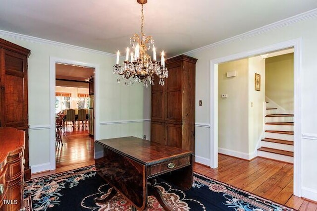 3005 Woodgreen Dr, Raleigh, NC 27607 - office featuring wood-type flooring, a chandelier, and crown molding