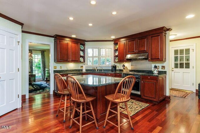 3005 Woodgreen Dr, Raleigh, NC 27607 - kitchen featuring crown molding, open shelves, healthy amount of natural light, dark wood-type flooring, and a breakfast bar area