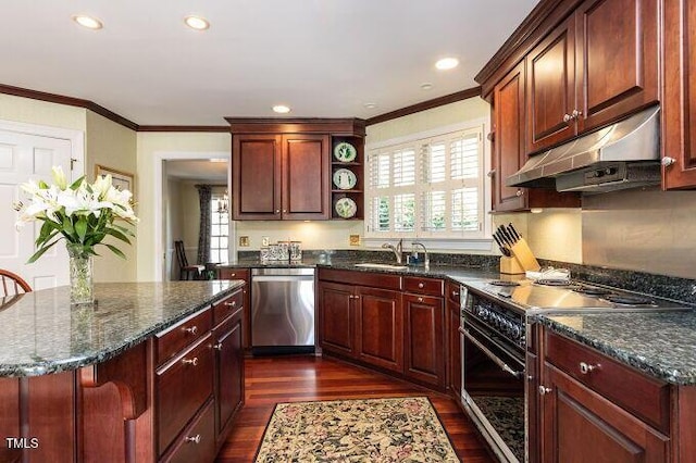 3005 Woodgreen Dr, Raleigh, NC 27607 - kitchen featuring stainless steel dishwasher, electric range, under cabinet range hood, dark wood-style floors, and crown molding