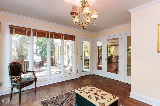 3005 Woodgreen Dr, Raleigh, NC 27607 - entryway with ornamental molding, a chandelier, and french doors
