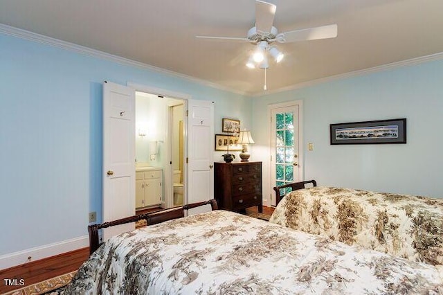 3005 Woodgreen Dr, Raleigh, NC 27607 - bedroom with crown molding, wood finished floors, connected bathroom, and ceiling fan
