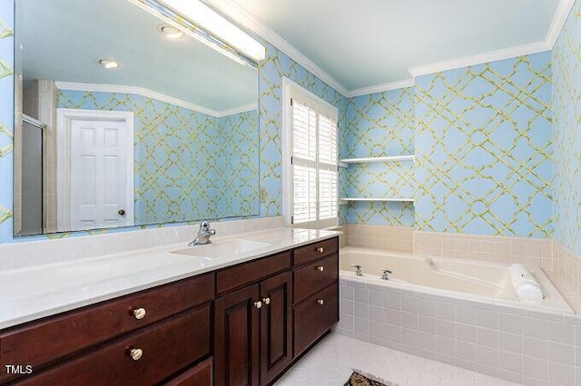 3005 Woodgreen Dr, Raleigh, NC 27607 - bathroom featuring crown molding, vanity, a garden tub, wallpapered walls, and tile patterned floors