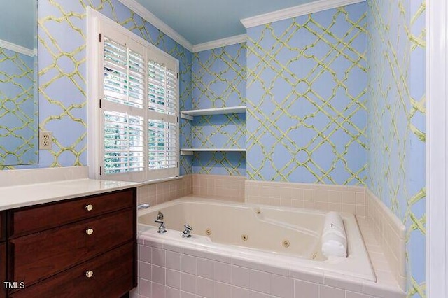 3005 Woodgreen Dr, Raleigh, NC 27607 - full bath featuring a tub with jets, ornamental molding, and vanity