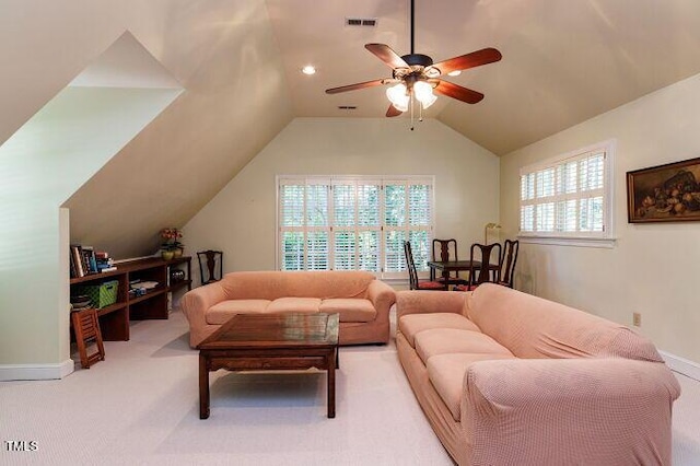 3005 Woodgreen Dr, Raleigh, NC 27607 - living room with a ceiling fan, vaulted ceiling, and carpet
