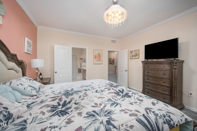 1030 Thoughtful Spot Ln, Durham, NC 27703 - carpeted bedroom with crown molding, a chandelier, baseboards, and ensuite bath