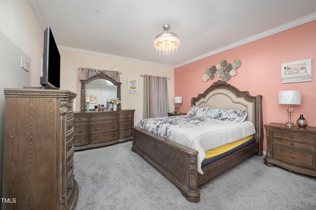 1030 Thoughtful Spot Ln, Durham, NC 27703 - carpeted bedroom featuring crown molding and a chandelier