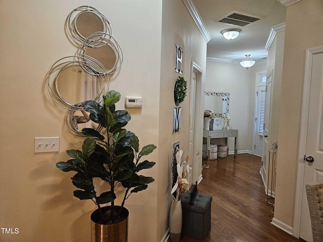 1030 Thoughtful Spot Ln, Durham, NC 27703 - corridor featuring crown molding, dark wood-style flooring, and baseboards