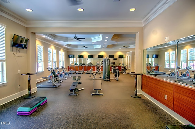 75 Eltham, Rocky Mount, NC 27804 - workout area with ceiling fan, crown molding, recessed lighting, and coffered ceiling