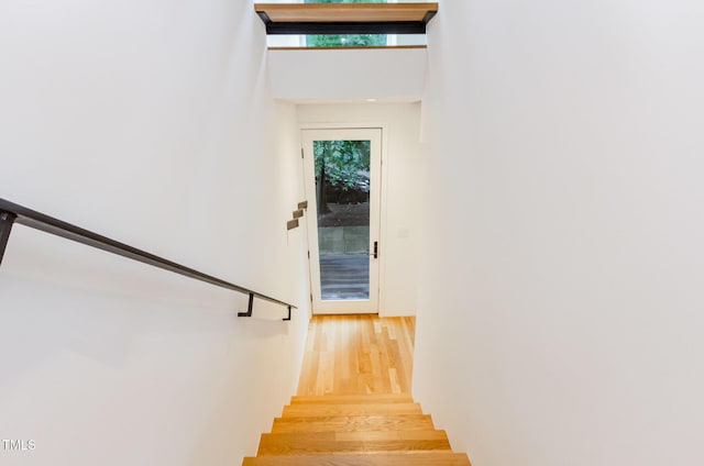 stairs featuring wood finished floors