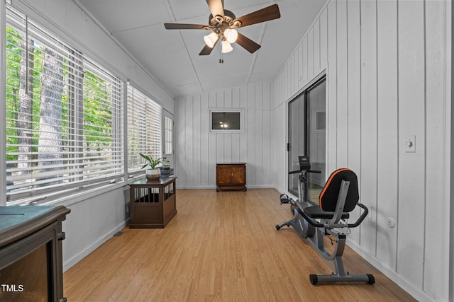 1801 Irish Blvd, Sanford, NC 27332 - workout room featuring lofted ceiling, light wood-style flooring, a ceiling fan, and baseboards