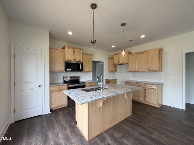 274 Longbow Dr, Middlesex, NC 27557 - kitchen with appliances with stainless steel finishes, dark wood-style floors, light brown cabinets, light stone countertops, and recessed lighting