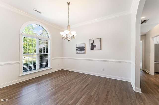 315 Copper Ridge Dr, Sanford, NC 27330 - unfurnished dining area with ornamental molding, an inviting chandelier, visible vents, and dark wood finished floors