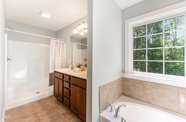 315 Copper Ridge Dr, Sanford, NC 27330 - bathroom with a sink, curtained shower, tile patterned floors, double vanity, and a garden tub