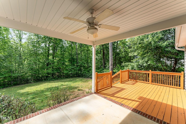 315 Copper Ridge Dr, Sanford, NC 27330 - wooden deck featuring a patio, ceiling fan, and a yard