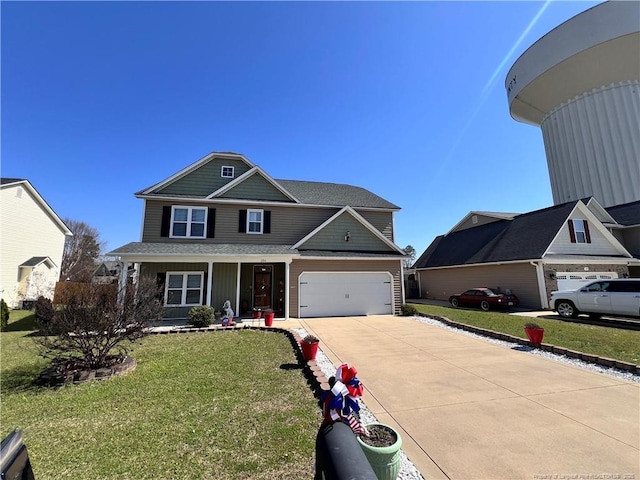 view of front of property featuring a shingled roof, driveway, covered porch, and a front lawn