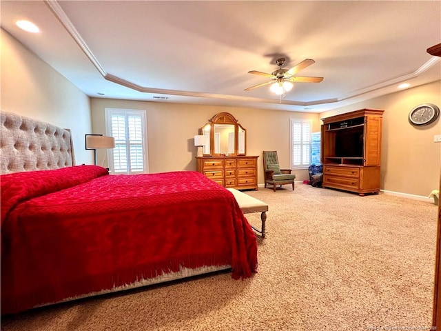 bedroom featuring a tray ceiling, multiple windows, and carpet floors
