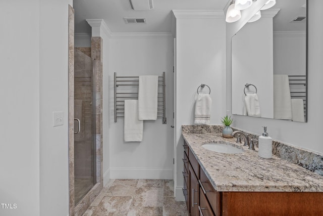 bathroom with visible vents, crown molding, and a stall shower