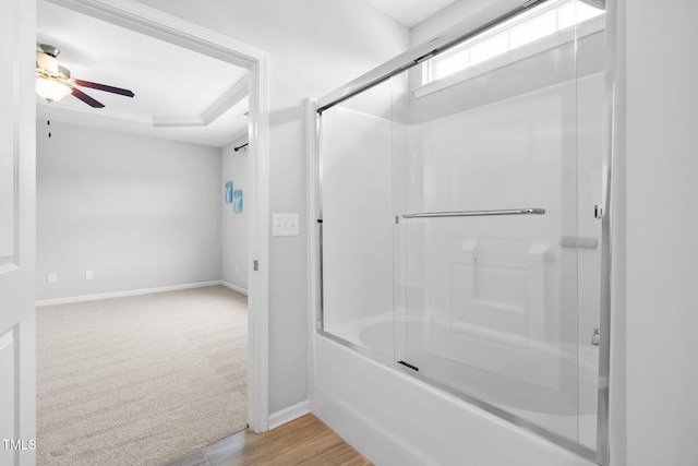 122 Torpoint Rd, Durham, NC 27703 - bathroom featuring combined bath / shower with glass door and ceiling fan
